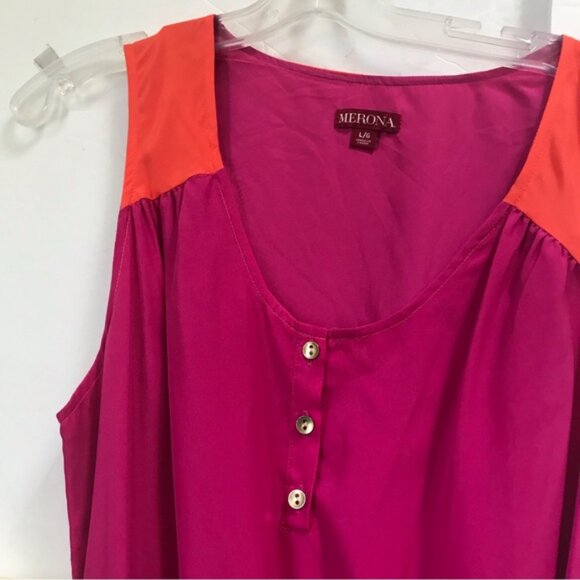 MERONA NEW Sleeveless A-Line Color Block Dress Dress Elastic Waist Crew Button L - Picture 4 of 16